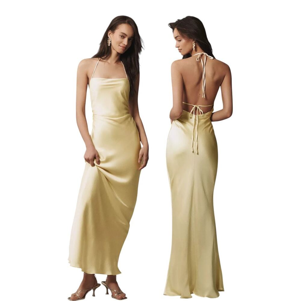 NWT BHLDN Saylor Cowl-Neck Satin Maxi Dress Pale Yellow Tie Back Size M Medium